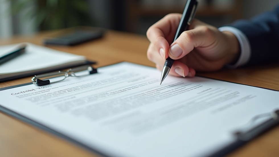 Close-up view of legal contract being reviewed with a pen on a wooden table