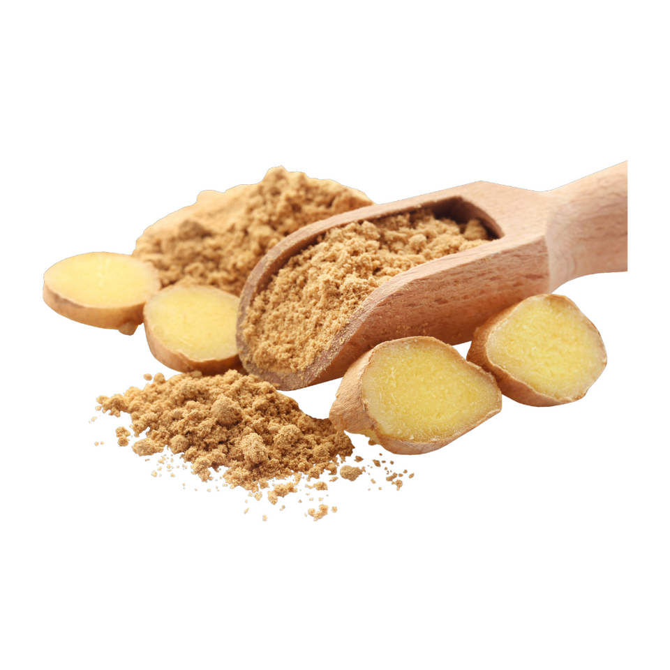 Fresh ginger roots and a scoop of brown Ginger Ground powder.