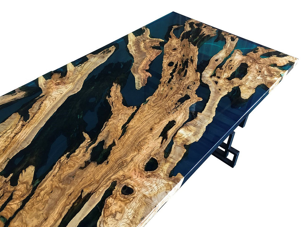 Thumbnail: Deep Navy Epoxy Dining Table - Olive Wood