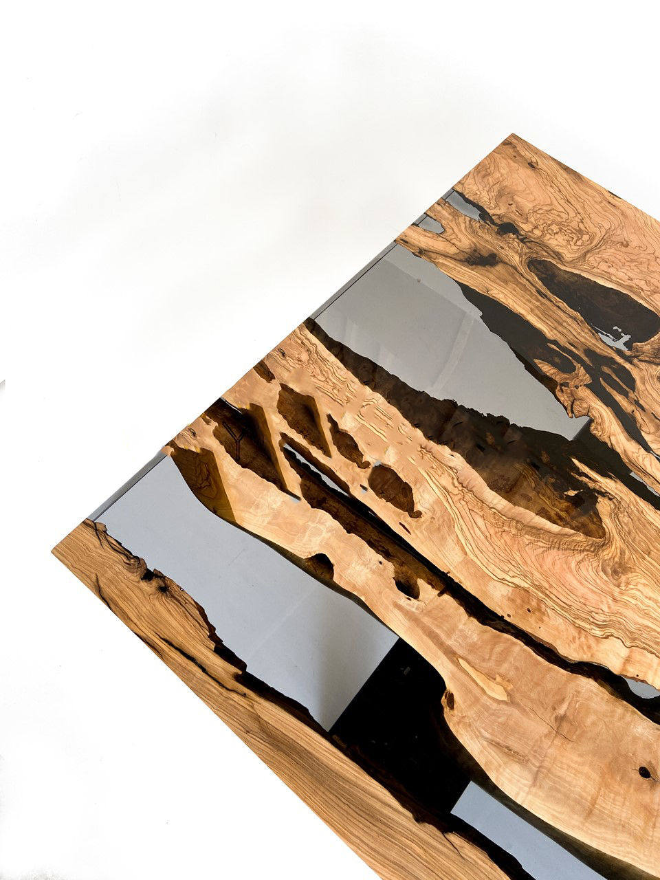 Thumbnail: Smoke Gray Epoxy Dining Table - Olive Wood