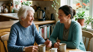 Caregiver and elderly woman together at a kitchen table in a warm, welcoming home, sharing a relaxed conversation over coffee.