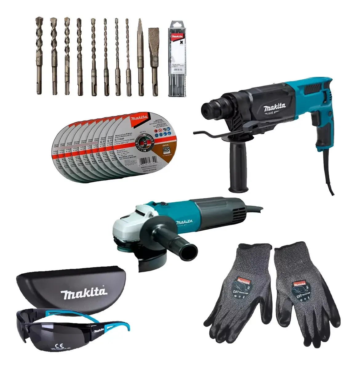 Combo Rotomartillo y Esmeriladora Makita MTK0005B +Brocas, lentes y guantes