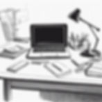 A black and white pen drawing of a student success managers desk with a laptop on it.jpg