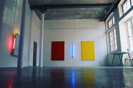 This image shows the work 'Who's Afraid I' (2016), a work consisting of two 6x4ft canvas and a single 4ft fluorescent light.