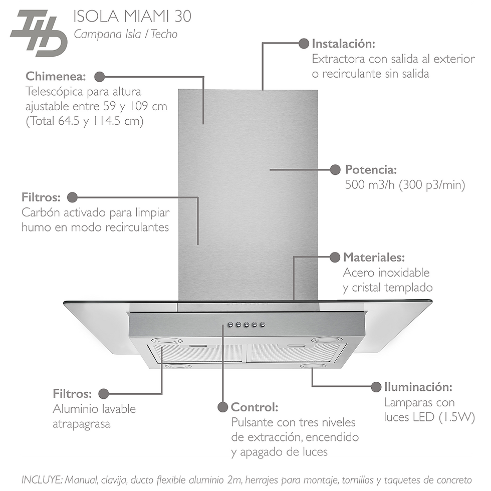 Miniatura: Campana Isla IHD ISOLA MIAMI 30 de 75 cm (30") Purificadora Cristal Acero Inox