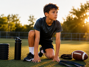 young athlete on the field getting ready for practice with water bottle and foam roller