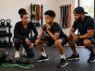 Parents helping their child lift weights and workout