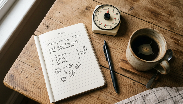 Overhead view of a notebook, kitchen timer, and coffee cup on a wooden breakfast table.