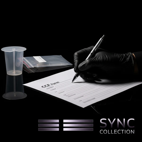A person filing out a chain of cutidy form with urine cup on table.