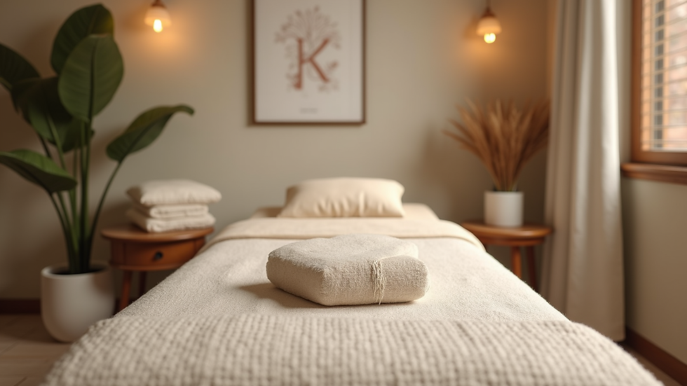 Vista frontal de uma sala de terapia com ambiente acolhedor e cadeira confortável