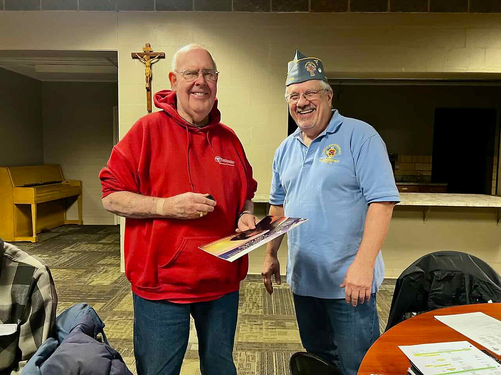 Tim Kennedy, outgoing president of post 1916, received a pin and Certificate from then new president, Charles Jiardina at our November meeting.