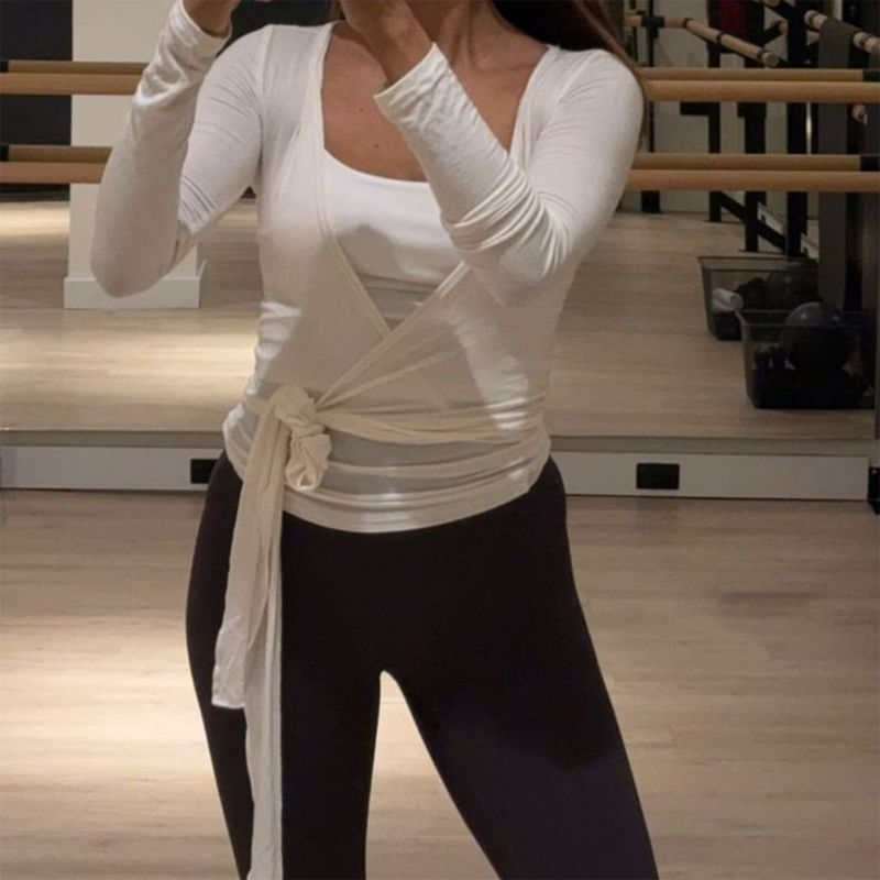 Thumbnail: Women's Yoga Shirts Wrap Ruched Tie Front Long Sleeve Workout T Shirts Sexy Deep