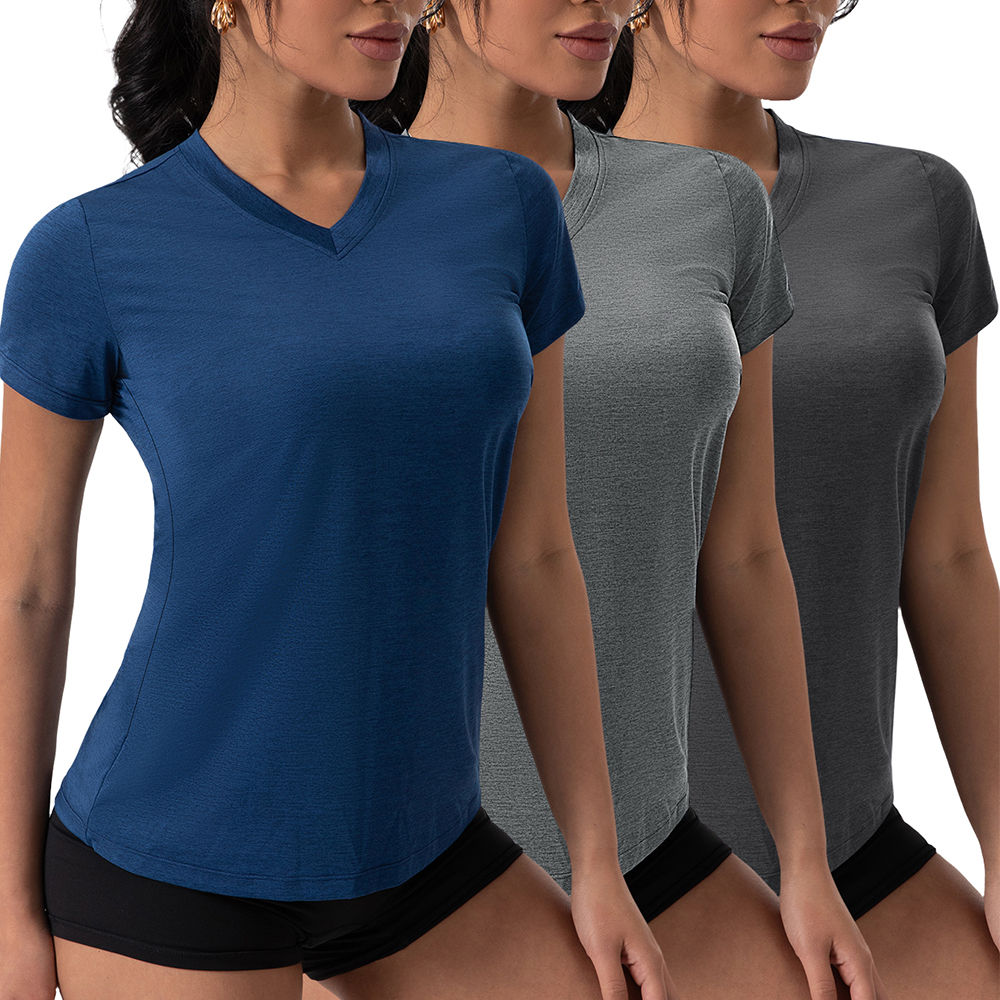 Summer Yoga Shirts for Women V-Neck Pleated Short Sleeve Sports Top Loose Solid