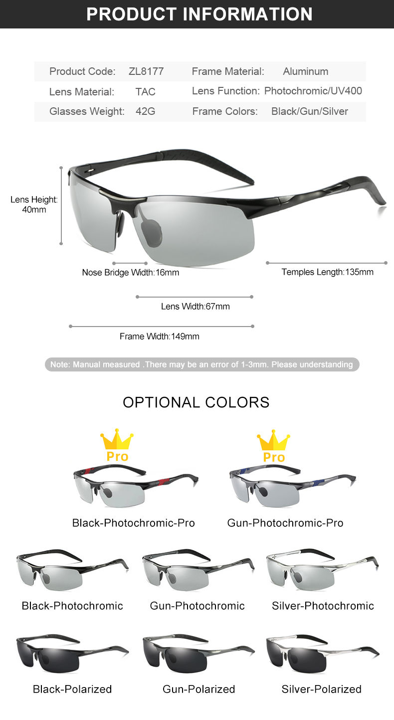 Thumbnail: CLLOIO Aluminum Photochromic Sunglasses Men Polarized Day Night Driving Chameleo