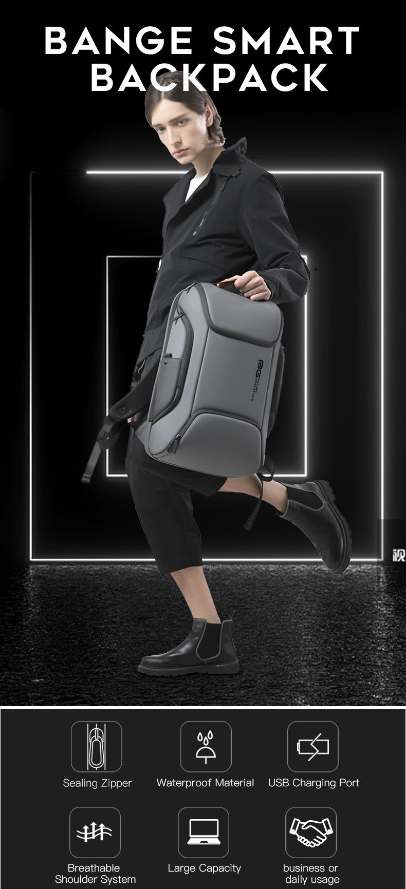 Thumbnail: BANGE Business USB Charging Smart Backpacks Fits 15.6 Inch Laptop Commute Backpa