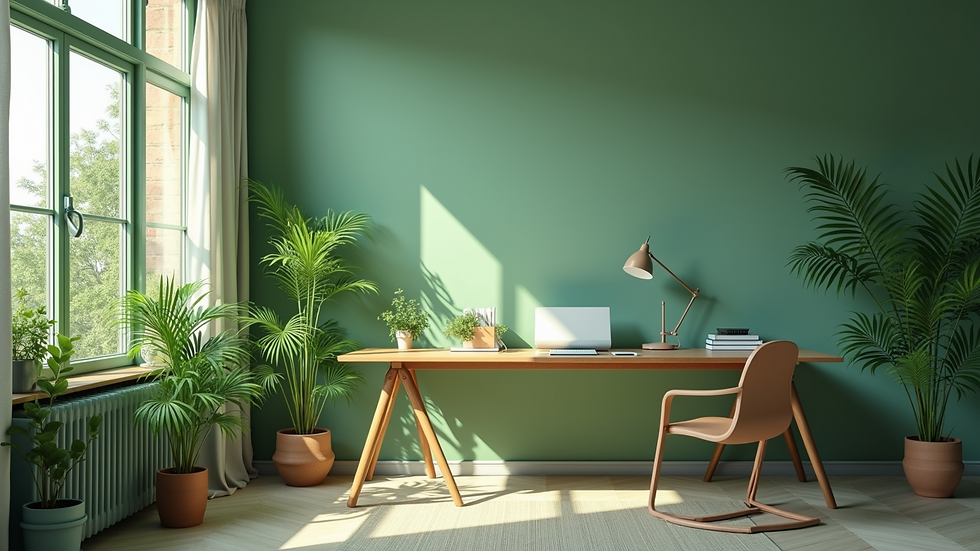 Wide angle view of a green workspace featuring plants and natural light
