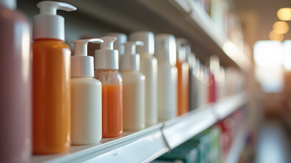 Eye-level view of refillable beauty product containers on a store shelf