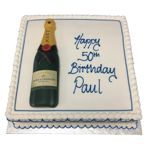 Bespoke champagne bottle-shaped cake with detailed label design for celebration in Solihull, West Midlands.