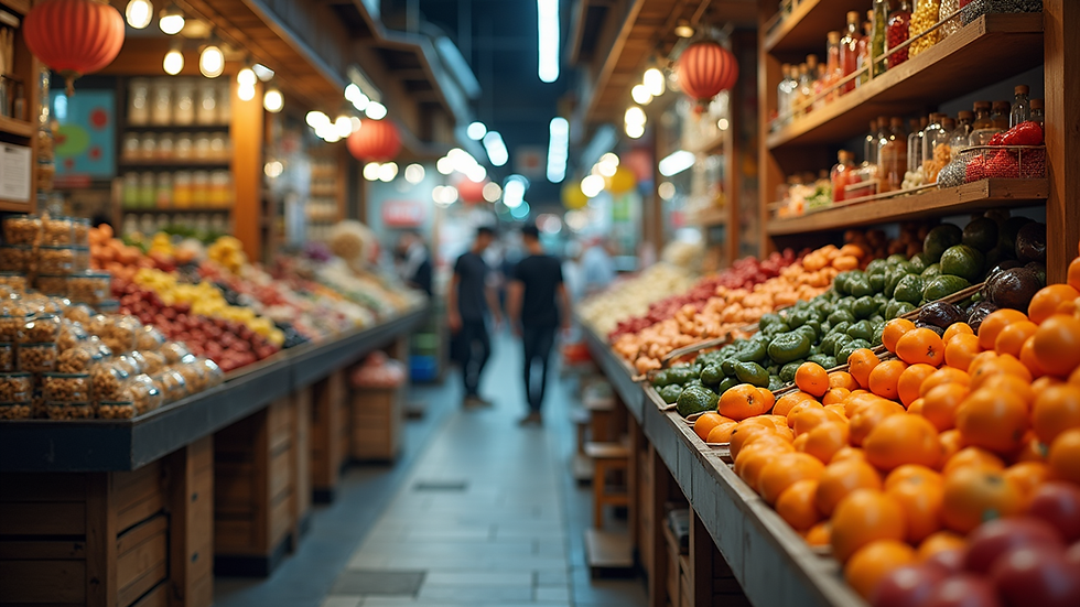 Eye-level view of a vibrant marketplace with colorful product displays