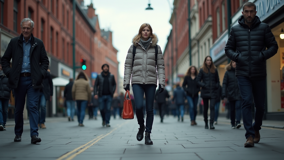 Eye-level view of a busy Manchester street with people walking