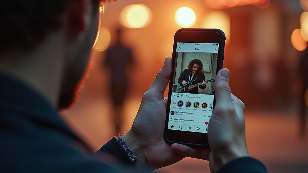 Eye-level view of a musician’s social media profile on a smartphone