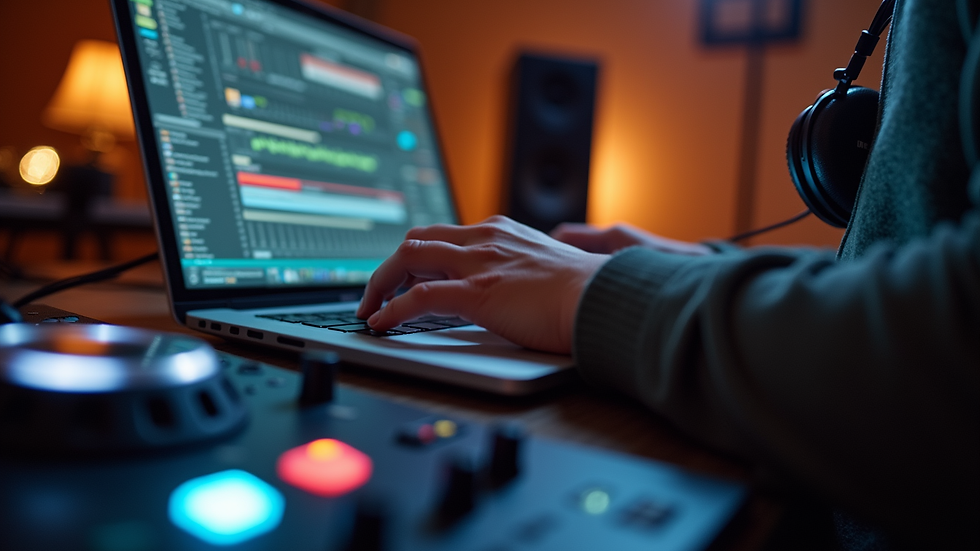 Eye-level view of a music producer working on a laptop with headphones
