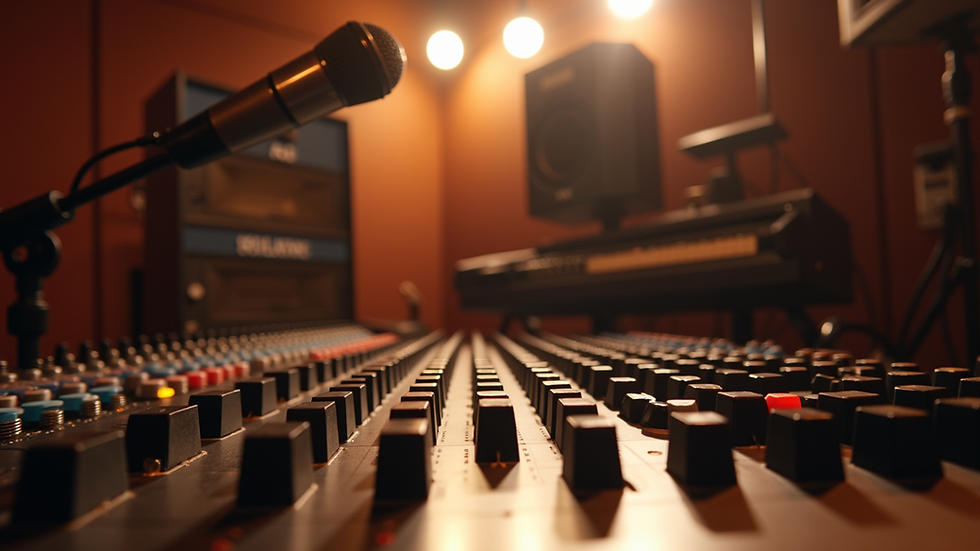 Eye-level view of a recording studio with a microphone and mixing console