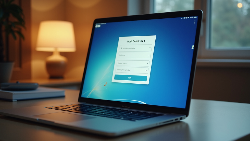 Eye-level view of a laptop with a music submission form on screen