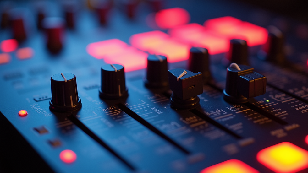Close-up view of a mixing console with colorful lights