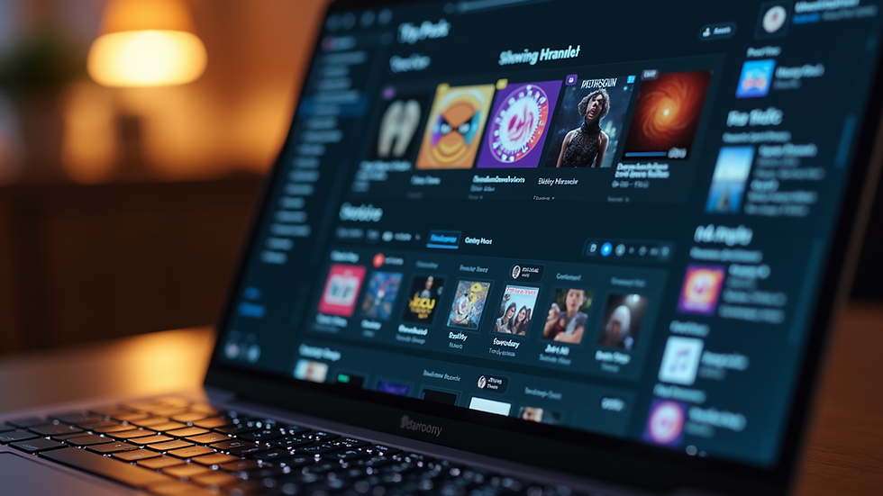 Eye-level view of a laptop screen showing a music streaming dashboard