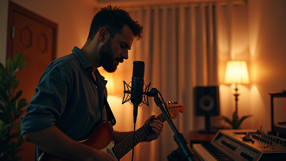 Eye-level view of a musician setting up a microphone in a home studio