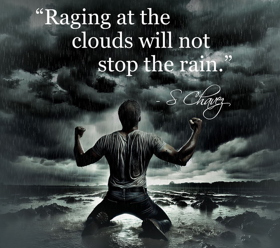 man on knees in rainstorm fisted arms up raging at storm