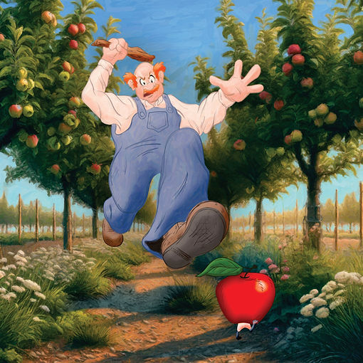 Drawing of a farmer chasing an apple being held by a small running mouse.