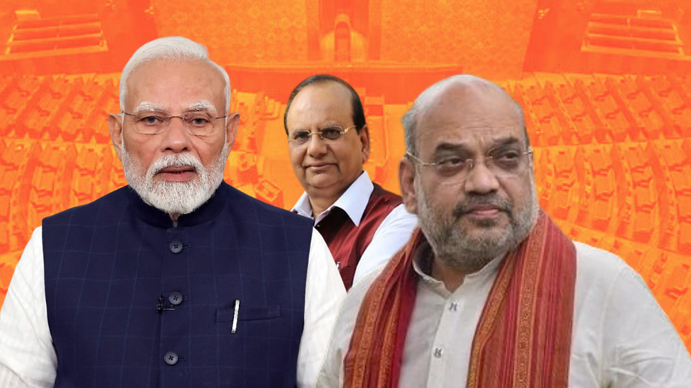 Three men are in front of an orange background depicting a parliament setting. The mood is serious, with no visible text.