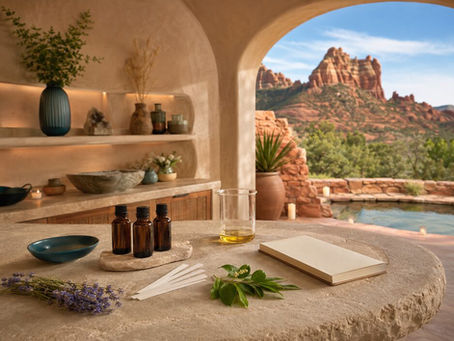 Amber essential oil bottles, carrier oil, scent strips, botanicals and a formulation journal in a Sedona aromatherapy consultation room overlooking the red rocks.