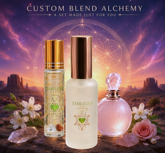 Custom Star Code Alchemy aromatherapy blends displayed with crystals against a Sedona-inspired background