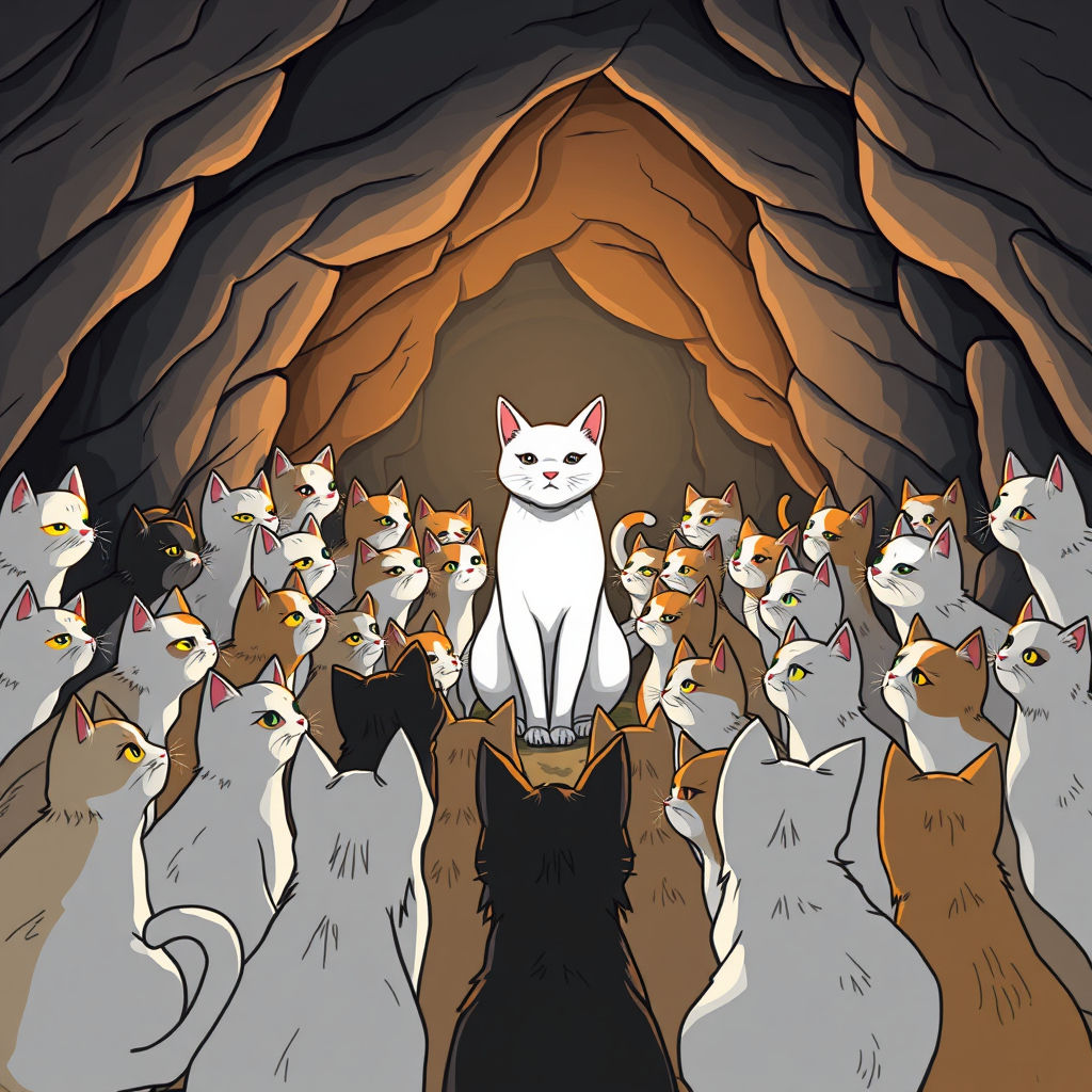 a group 200 of cats and they chose one leader cat with white strong in the middle - inside