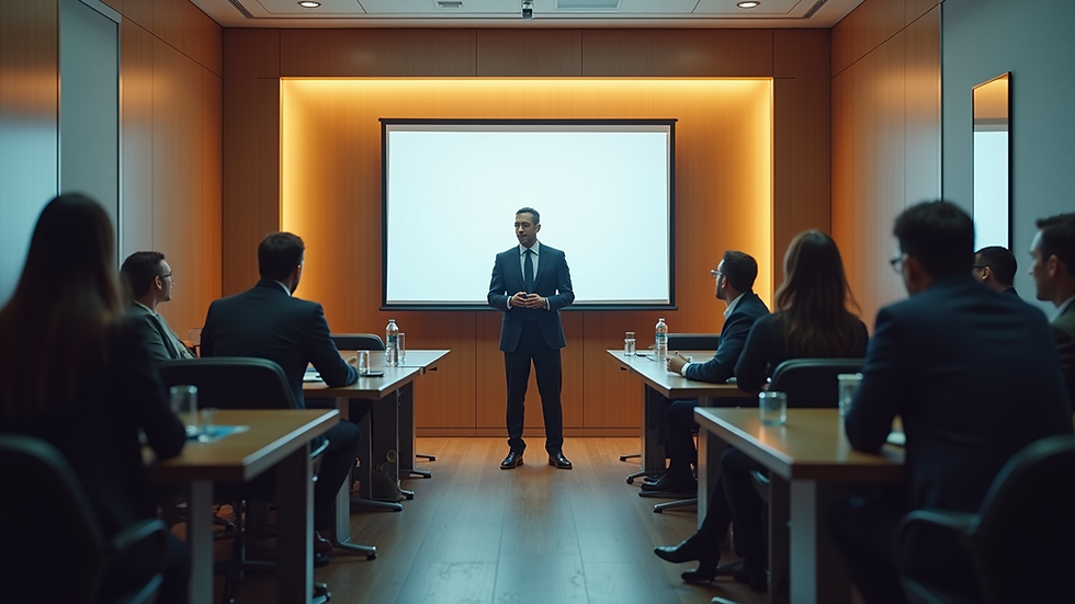 Eye-level view of a conference room with a leader addressing a small team