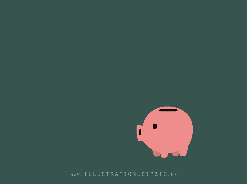 Eine Münze erscheint, dann zwei, dann drei und auf einmal regnet eine ganze Schubkarre voll Geld auf ein kleines, rundes, rosa Sparschwein. Das Motiv ist in einem simplen Comic oder Cartoon-Stil gezeichnet.