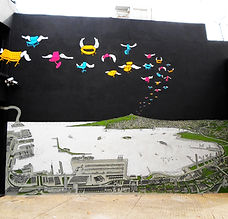 Ambientes mural project, a bird's eye view of Montevideo City in the near future.