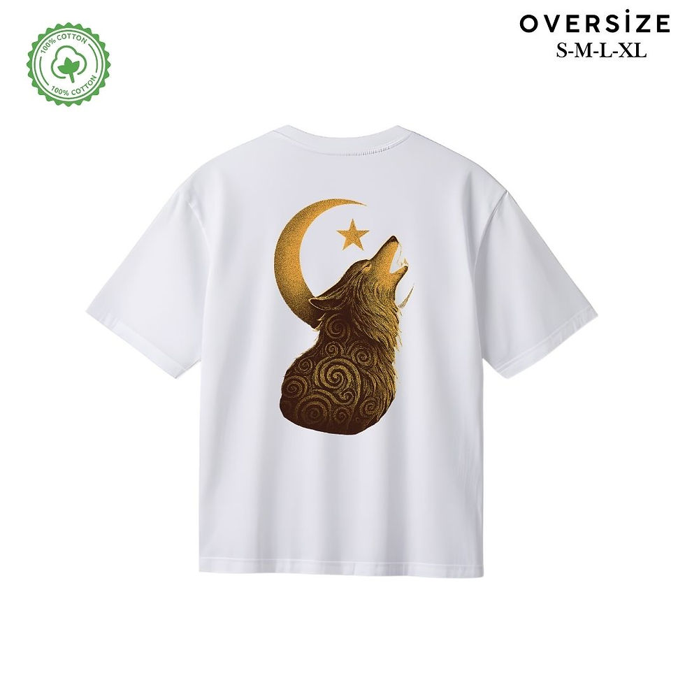 Thumbnail: Ay Yıldız Altında Kurt Baskılı Tişört- Türk Motifli Pamuklu Unisex Tshirt