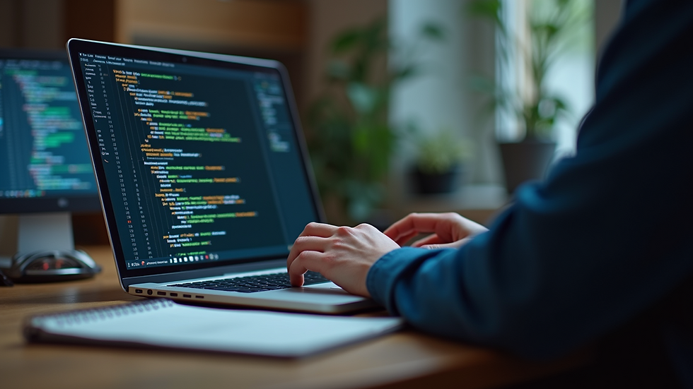 Eye-level view of a developer working on a laptop with code on screen