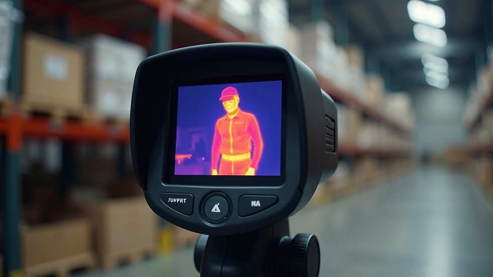 Close-up view of a thermal camera detecting heat in a warehouse