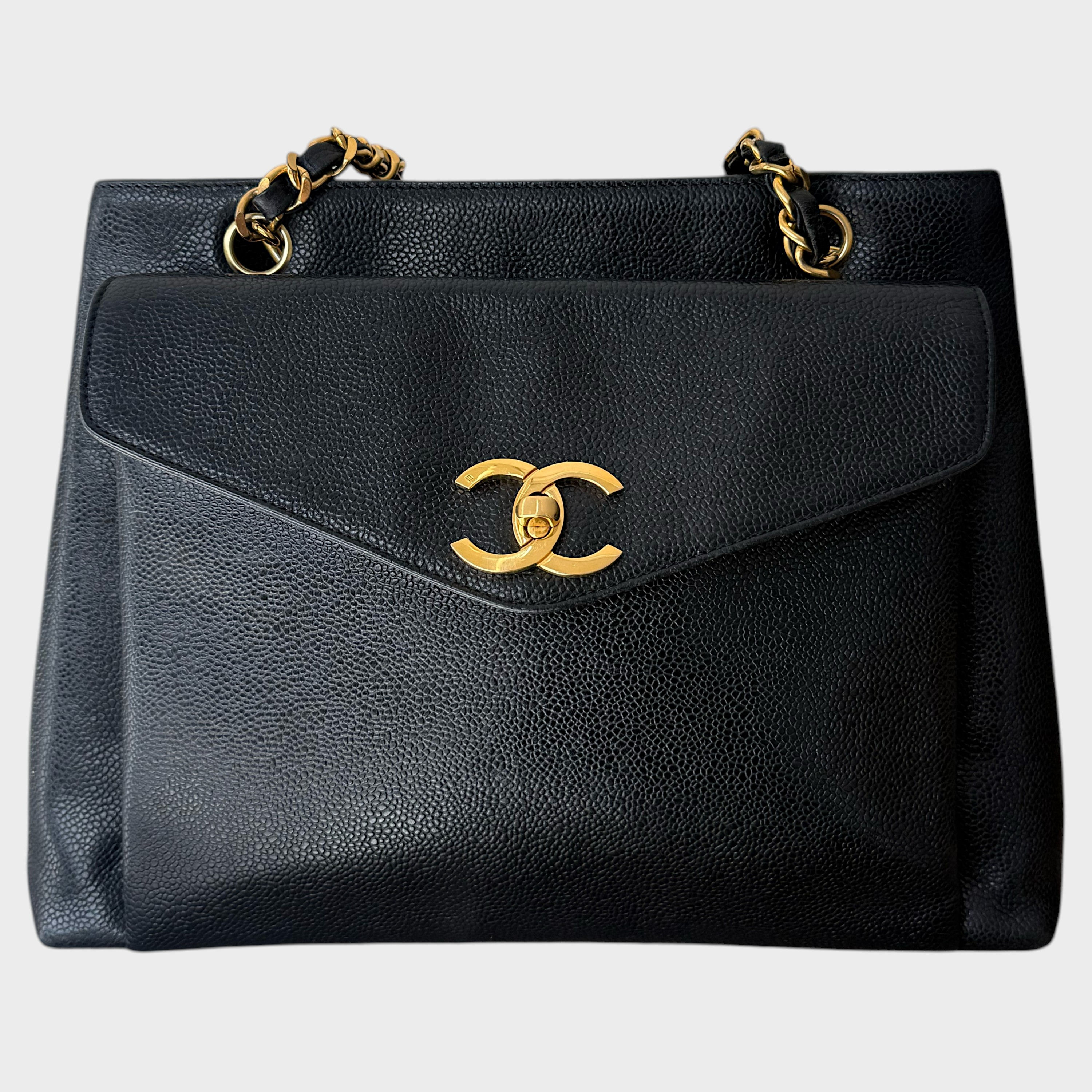 Chanel Black Caviar Vintage 24k Gold Shoulder Bag
