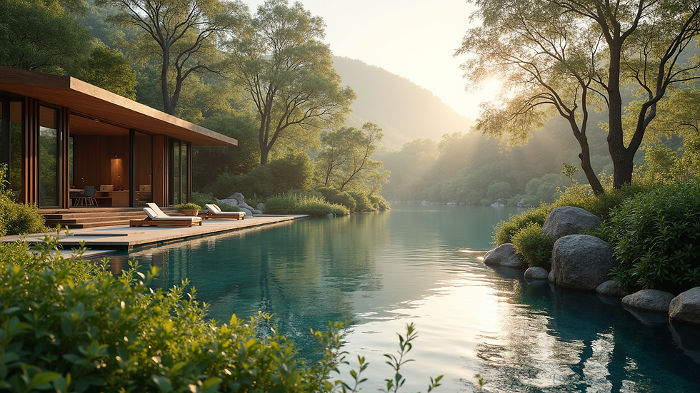 High angle view of a serene wellness retreat surrounded by nature
