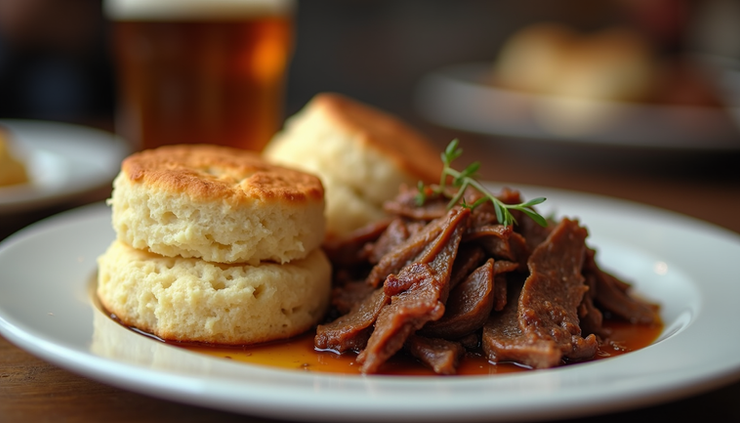 Close-up view of Southern-style biscuits and smoked brisket served at Sweet Cheeks Q in Boston