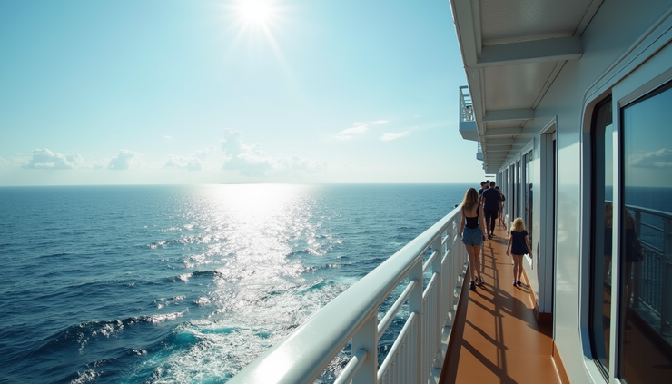 High angle view of a cruise ship deck with passengers enjoying the ocean view