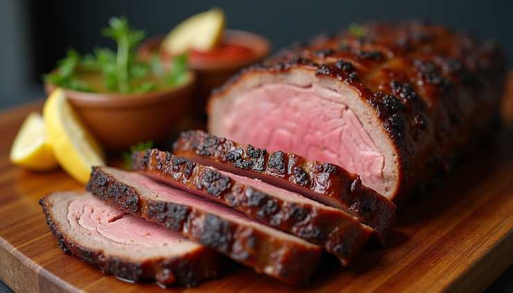 Eye-level view of Texas-style brisket sliced on a wooden board at a Brooklyn BBQ restaurant
