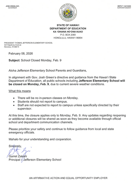 No School/Office Closed Feb. 9