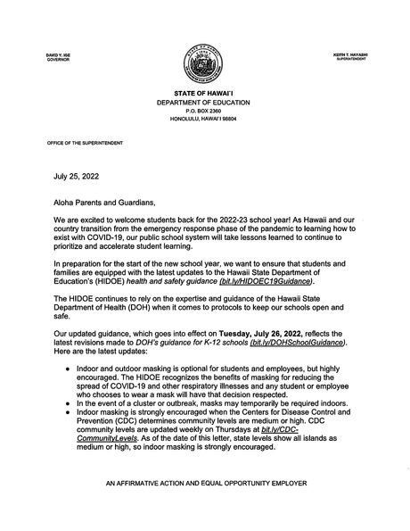 Superintendent Welcome Back Letter